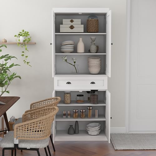 RASOO Pantry Storage Cabinet 72”Freestanding Cupboard Buffet Sideboard Pantry Cabinet for Kitchen， Bathroom and Hallway, White (Rice Character) - Thumbnail 4