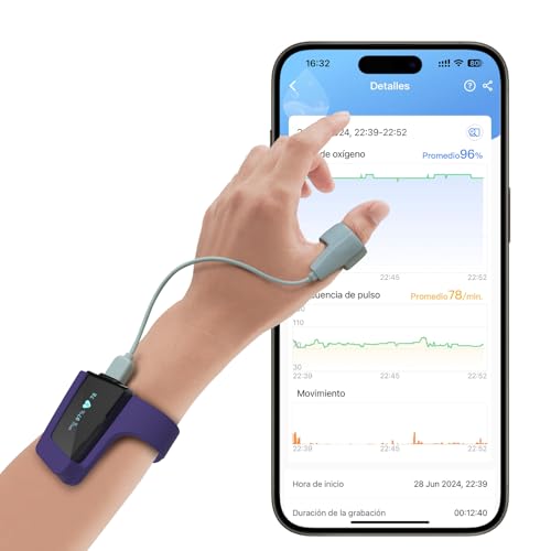 Oxímetro de pulso de muñeca Wellue, monitor de oxígeno en sangre y frecuencia cardíaca, oxímetro de pulso de dedo Bluetooth portátil, alarma de vibración inteligente para dormir