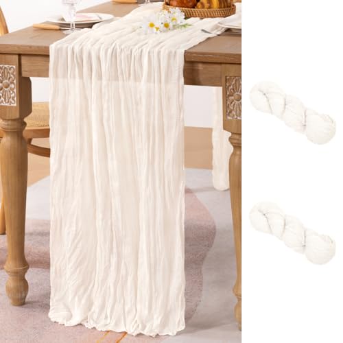 Image of MLMC 2 Pack Ivory White Table Runner Rustic Gauze Cheesecloth Table Runner 10ft Cheese Cloth Centerpiece Decor 35x120 Inches for Dessert Anniversary Wedding Bridal Baby Shower Decor