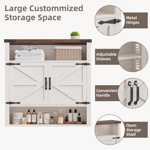 Image of Bathroom Wall Cabinet, Farmhouse Medicine Cabinet with Adjustable Shelves and 2 Barn Doors, Wall Mounted Over the Toilet Storage Cabinet for Bathroom, Laundry Room, Kitchen, Rustic White and Brown