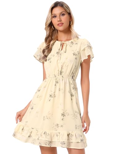 Image of Allegra K Women's Ruffle Sleeve Self-Tie V Neck Flowy Ruffled A-Line Floral Chiffon Dress