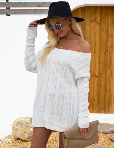 Image of VIMPUNEC Womens Off The Shoulder Sweaters Color Block Oversized Pullover Sweater Cable Knit Chunky Tops Cable White S