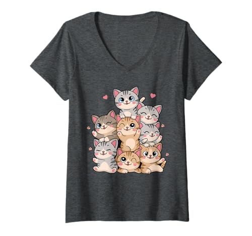 Mujer Linda pila de gatitos divertidos amantes de los gatos kawaii para mujeres y niños Camiseta Cuello V