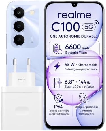 realme C100 5G Smartphone 4+128GB, Écran 6,8" 144Hz, 6600mAh et C...
