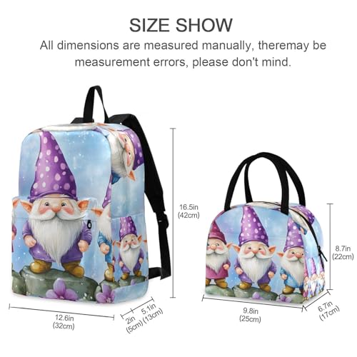 Backpack Lunch Box Set Large Capacity Travel Backpacks and Insulated Lunch Bag for Commute Hiking Picnic Lovely Gnome Print2