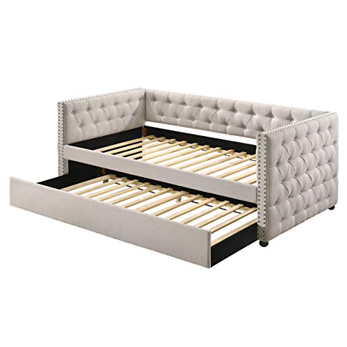 Daybed with A Trundle, HABITRIO Solid Wood Structure Beige Fabric Upholstered Twin Size Day Bed Frame w/Twin Roll-Out Trundle, No Box Spring Needed, Furniture for Bedroom, Living Room, Guest Room