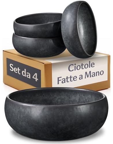 Cosumy Set da 4 Ciotole Nere 750 ml – Ciotole Zuppe Artigianali con Smalto Reattivo – Servizio Piatti Elegante, Adatti al Microonde e Lavabili in Lavastoviglie – Set Piatti per 4 Persone