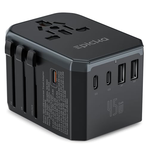 EPICKA Universal Travel Adapter GaN 45W, European Travel Plug Adapter with PD&QC Fast Charging(2 USB-A & 3 USB-C Ports) – Worldwide Travel Essentials, International Power Adapter for UK/US/AU