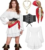 kasahara Deguisement Pirate Femme Jumpsuit Robe Costume de Pirate Médiéval Renaissance Corsage Bandana Costume de Cosplay pour Halloween Carnaval Festival Soirée à Thème (WhiteJumpsuit, S)