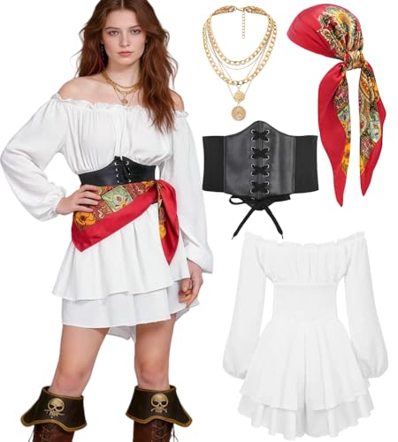 kasahara Piratenkostüm Damen Jumpsuit Set Mittelalter Sexy Piraten Off Shoulder Kleidung mit Korsett, Kopftuch, Karneval Full Faschingskostüm Festival Outfit (White Set, S)
