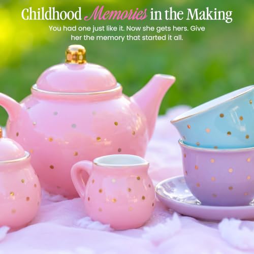 Image of Giggle & Honey Porcelain Tea Party Set for Girls, Pastel Tea Set for Toddlers with Teapot and Cups, Kids Teacup Sets for Little Girl with Carry Case, Birthday Gifts for Girls 3, 4, 5, 6, 7, 8 Years