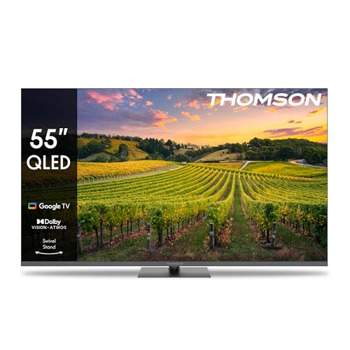 THOMSON 55 Pouces (139 cm) QLED Pied Central Google Smart TV, Wi-FI, Dolby Audio, HDR10, Bluetooth 5.1, Triple-Tuner (Câble/Satellite/Antenne), HDMI, CI+, Panneau A+ – 55QG5C14