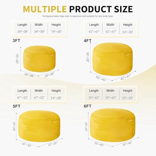 Homguava 3FT Bean Bag Chair: 3' Bean Bags with Memory Foam Filled, Large Beanbag Chairs Soft Sofa with Dutch Velvet Cover-Mustard