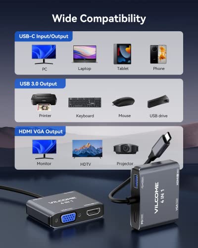 Usb C To Vga Adapter Multiport, Vilcome Usb Type C To Hdmi Adapter, 4 In 1 Usb C Hub Converter, Thunderbolt 3 To Hdmi 4K, Vga 1080P, Usb 3.0, 100W Pd Port For Macbook Ipad Pro/Air Dell Xps #TOP7