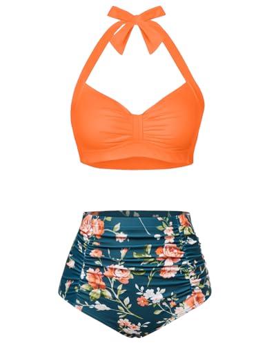 Image of Holipick Women High Waisted Bikini Set Two Piece Swimsuit Tummy Control Bathing Suit Vintage Halter Swimwear