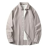 [KELIHAWK] ストライプシャツ メンズ 長袖 ワイシャツ 縦縞 大きいサイズ カジュアル ボタンダウンシャツ ボーダー シンプル カットソー 開襟 胸ポケット ビジネス トップス 襟付き おしゃれ かっこいい 夏用 ウェア 柔らかい 日常着（カーキ/3XL）