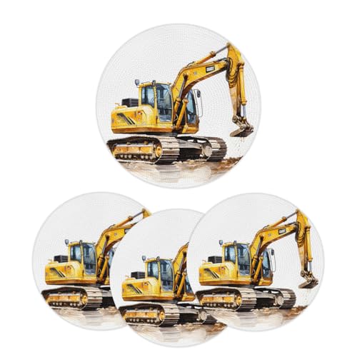 Mintoprints Juego de 4 manteles individuales redondos trenzados con estampado de excavadora, manteles individuales lavables para mesa de cocina y comedor, 15 pulgadas