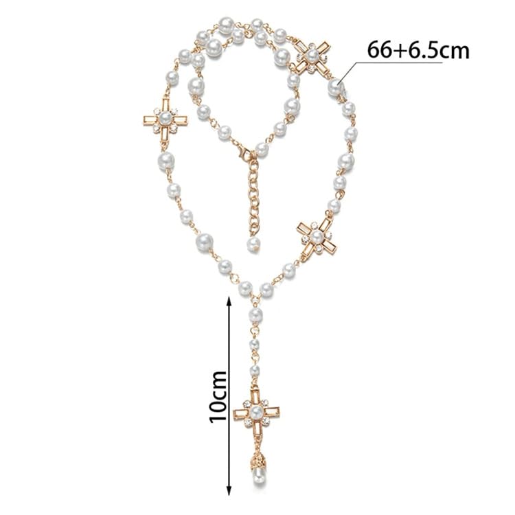 Pearl Cross Rosary Necklace Gold Plated Rosary with Pearls Waterproof Jewelry Big Cross Chain Link Choker Charm Necklace for Daily Wear4