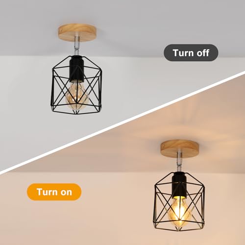 Tealight 2 Piezas Lampara Techo, Lámparas de Techo Vintage, Retro Lámpara Colgante de Madera Metal Diseño de Jaula Pantalla Negro E27 Luz Iluminación de Techo Interior para Pasillo Dormitorio Salón - imagen 6