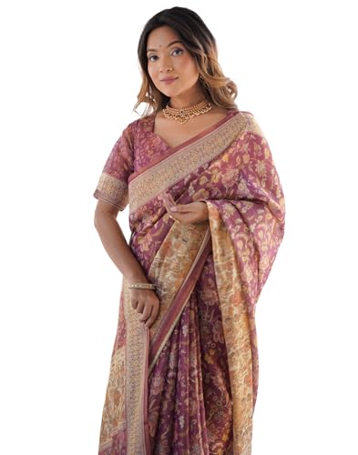 Image of SIRIL Women's Cotton Linen Kalamkari Printed Handloom Saree with Unstitched Blouse Piece