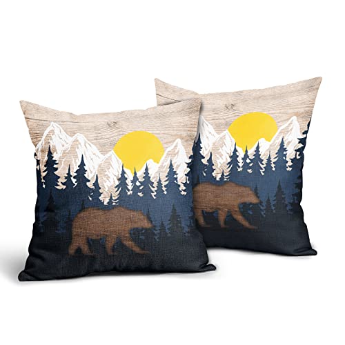 Hodmadod Bear Pillow Covers 18X18 Inch Set Of 2 Mountain Forest Wildlife Animal Bear Blue Pillows Case Rustic Linen Square Western Cabin Outdoor Pillow Covers For Lodge Patio Bedroom Decor… #TOP10