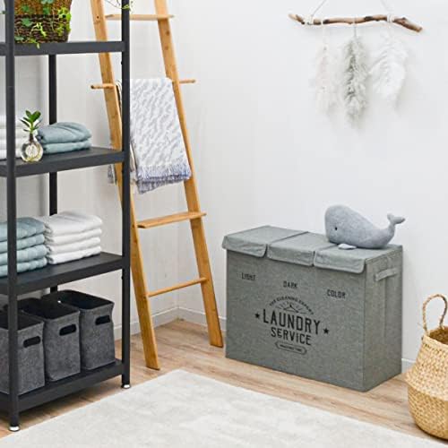 DuneDesign 3 Section Laundry Basket Grey with Lid - 84L Foldable Laundry Sorter 3 Compartments for Bedroom Bathroom Baby - 3 Part Laundry Separator Basket - Wash Bin Lights and Darks