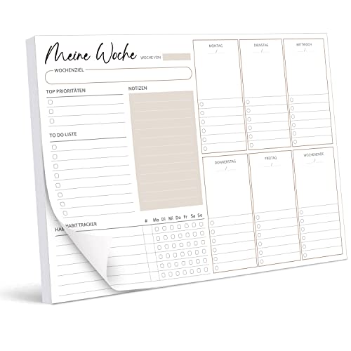 BIROYAL Wochenplaner Block A4 ohne festes Datum (50 Seiten), Schreibtischunterlage mit ToDo Liste, Wochenkalender Wochen Planer mit Wochenübersicht&Habit-Tracker für Termine, Aufgaben& Notizen