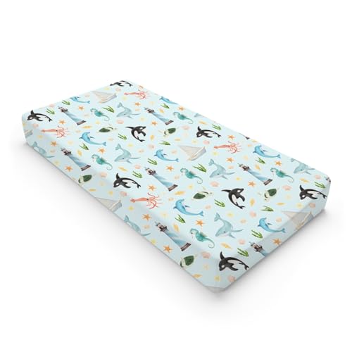 Image of Colorful Sea Animals Changing Pad Covers Ocean Whale Dolphin Turtle Shells Corals Lighthouse Ship Fitted Baby Changing Table Sheets for Boy Girl Soft Stretch Diaper Changing Table Mats 32''x16''