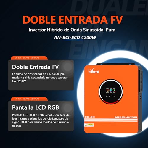 Miniatura 3 de Anern 4200w Inversor Solar Híbrido 24v Dc A 220v-240v Ac, Controlador Solar Mppt De 120a Integrado, Funciona Con Baterías De Plomo Y Ácido De Litio De Tensión De Entrada Pv Máx. 450v Con Wifi