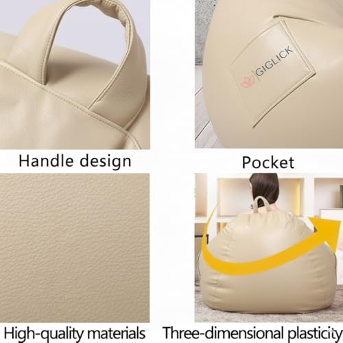 Image of 4XL Bean Bag Chair with Footrest & Cushion | Pre-Filled Beans | PVC Leatherette Lounger Sofa | Indoor & Outdoor Bean Bag with Pocket & Handle | Double Stitching | 6 Months Warranty Color- (Cream)