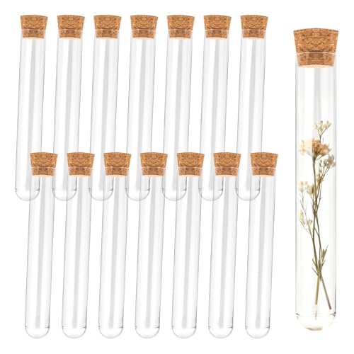 15Pcs Clear Plastic Test Tubes with Cork Stoppers 15x100mm 10ml – Transparent Vials with Seal Cap for Bath Salt, Candy, Beads, Powder, Spice, Liquid Storage,...