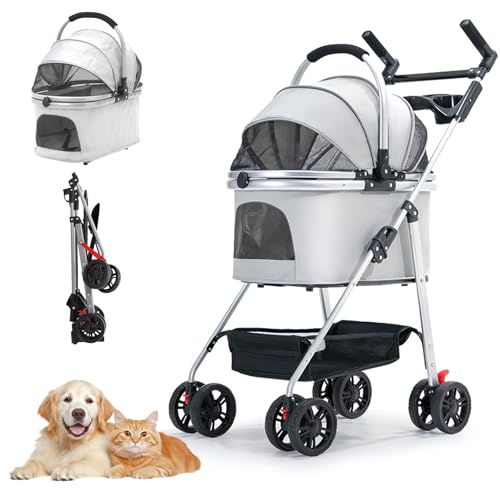 Siairo Carrito para perros plegable 3 en 1, Cochecito Plegable Mascotas Carrito para Perros Gatos, hasta 20 kg, Ruedas con frenos 360º, para perros pequeños, gatos (Gris)