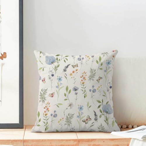Image of Spring Pillow Covers 18x18 Inch Set of 2, Sage Green Blue Wild Flower Throw Pillows Case,Colorful Seasonal Floral Plant Outdoor Decorative Farmhouse Decor Cushion Covers for Home Sofa Bed Couch