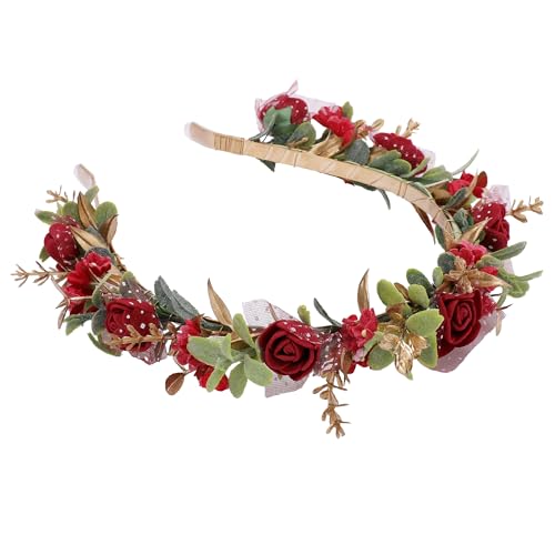 KorViSHOW Red Flower Crown Headband Fairy Rose Floral Headpiece Artificial Lace Foam Flower Hairband for Women Renaissance Costume Bridal Wedding Birthday Hair Accessories