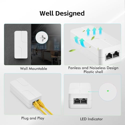 Image of 2.5 Gigabit PoE Injector 60W, Supports IEEE 802.3af /at /bt, YuLinca White Compact Power Over Ethernet Adapter, Plug and Play, Fanless Wall Mount Design with LED Indicator