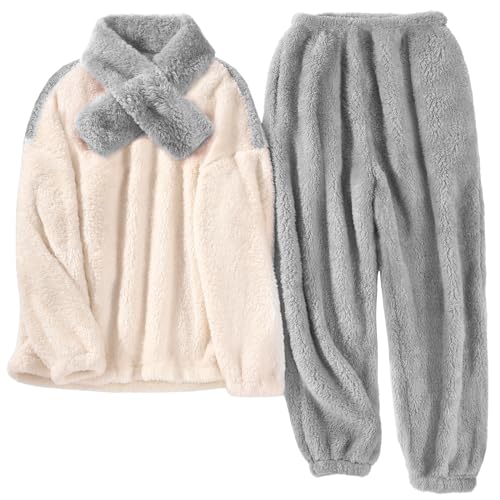 TOMEEK Damen Schlafanzug Set Winter Kuscheliger Polar Fleece Freizeitanzug mit Langarm-Oberteil Hose und Schal Gemütliche Nachtwäsche PJS für...