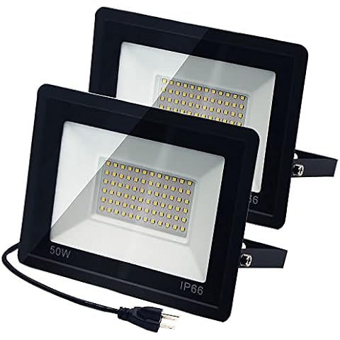 YASENN 50W LED Flood Lights Outdoor LED Work Light with Plug 2pack, 85-260V Wide Voltage Security Lights Portable Floodlight, IP66 Waterproof Backyard Lights Outdoor for Backyard, Garage, Garden Cover