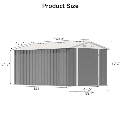 Image of Patiowell 8 x 12 FT Outdoor Storage Shed, Metal Storage Shed, Gray | Steel Shed Storage House with Design of Lockable Doors, Utility and Tool Storage for Garden, Patio, Backyard, Outside use