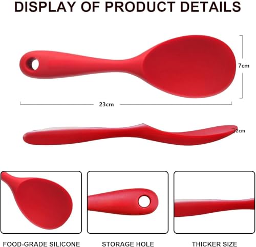 Image of Baskety Non-Stick Rice Spoon Silicone Ladle Soup Spoon with Handle for Dining Table 22.3 x 6.8 cm (Pure Red)