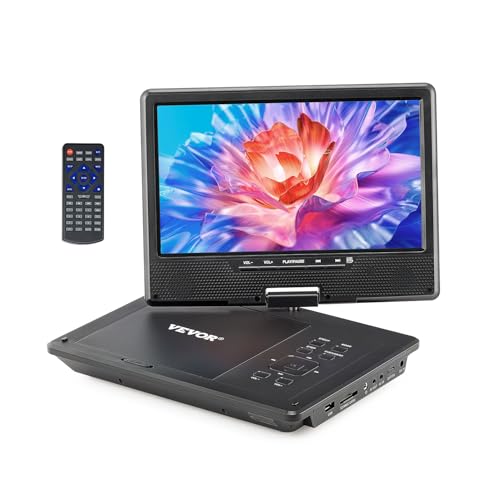 VEVOR Lecteur DVD Portable, écran HD pivotant de 228 mm, avec Chargeur de Voiture, Batterie Rechargeable intégrée de 4 Heures, Deux Haut-parleurs, synchronisation TV/USB/Carte SD/CD/DVD, pour Voiture