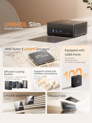 MINIS FORUM UM690L Slim Mini-PC, AMD Ryzen 9 6900HX (8 Kerne/16 Threads, bis zu 4,9 GHz), 32 GB LPDDR5, 512 GB PCIe 4.0 SSD, DP/HDMI 2.1/USB 4, 4 × USB Typ-A, Wi-Fi 6E / Bluetooth 5.3