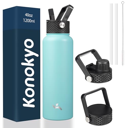 Konokyo 40oz Insulated Water Bottle Stainless Steel Sport Bottles with 3 Lids,Turquoise