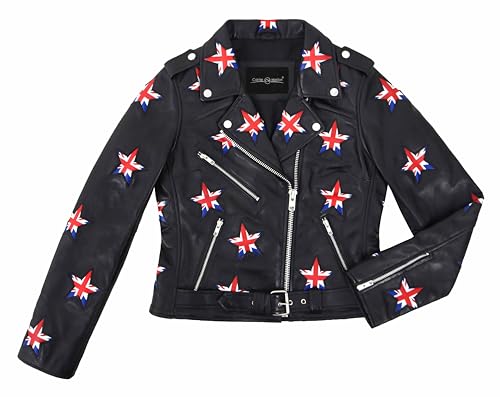 Veste motarde en cuir avec patchs étoiles drapeau britannique look rock