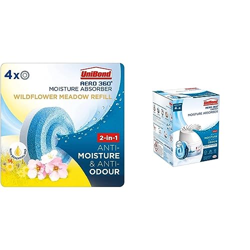 Unibond AERO 360° Moisture Absorber Wildflower Meadow Refill Tab, (4 x 450g) UniBond AERO 360 Compact Moisture Absorber, Ultra-Absorbent Dehumidifier 1 Device incl. 1 Refill Tab 450g