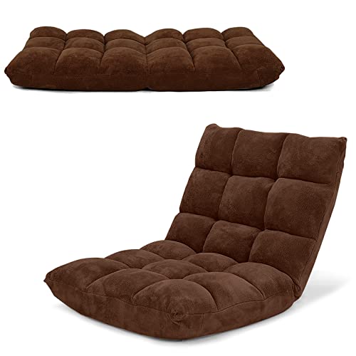 Image of COSTWAY Adjustable Floor Chair, Video Gaming Chairs with Back Support, Alloy Steel Frame, Soft Coral Fleece, Lazy Sofa Lounge for Reading Living Room Recliner for Adults Kids, Brown