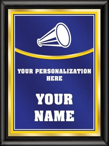 Crown Awards Cheerleading Personalized Plaque Award, 6x8 Color Printed Metal Plate with Custom Engraving, Royal Blue with Gold Plaque On Shiny Black Finish Prime
