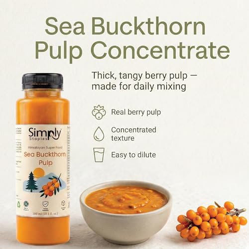Image of Simply Staples Sea Buckthorn Pulp 300ml | 100% Pure Himalayan Berries | Rich in Omega 3 6 7 9 | No Sugar No Preservatives | Cold Processed Ayurvedic Fruit Pulp