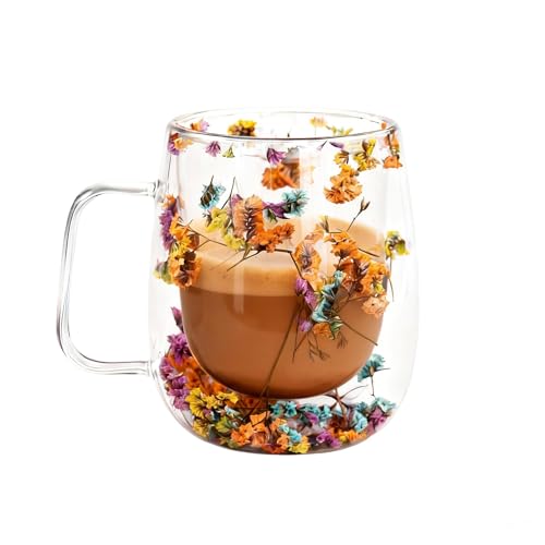 Toparad Double Wall Glass Coffee Mugs, Cute Clear Flower Cups with Handle, Unique Double Insulated Glass Cup for Cappuccino Tea Espresso Latte Hot Beverages, Birthday Gifts for Mother Women (12oz)