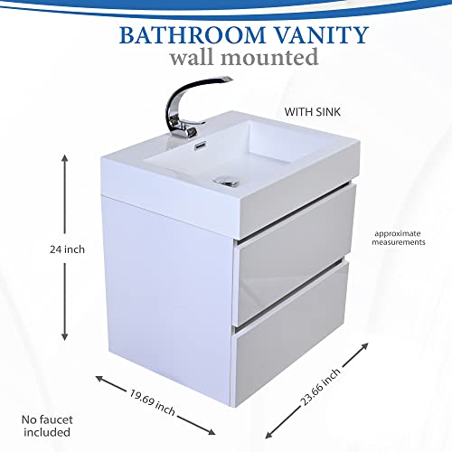 Madison Home Products Wall Mounted Single Bathroom Vanity With 2 Drawers And A Acrylic Vanity Top By Gravita Designs (White High Gloss, 24") #TOP7