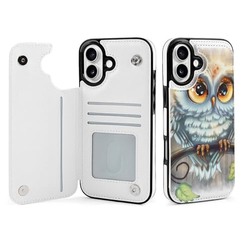 Étui portefeuille iPhone 16 Plus hibou en cuir à rabat